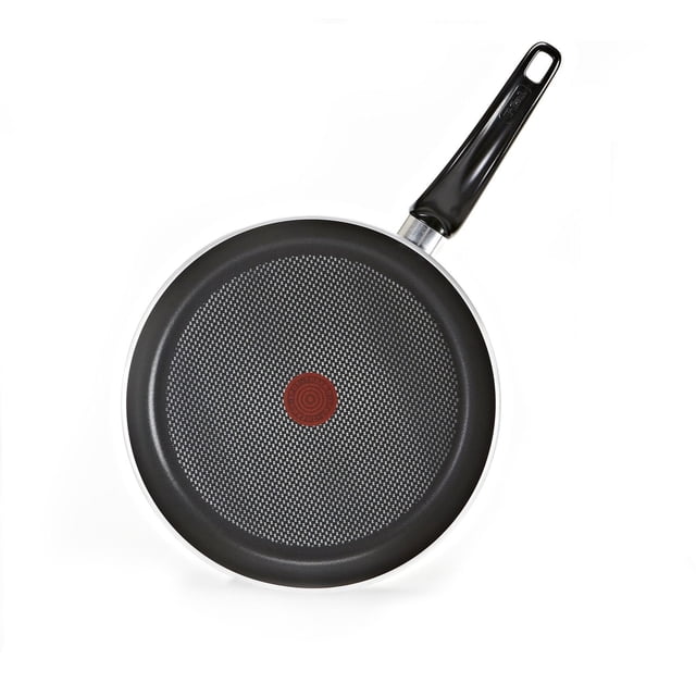 T-fal Expert 30 cm Non-Stick Frypan featuring a black textured non-stick interior with a red Thermo-Spot heat indicator, riveted Bakelite handle that remains cool, and a heavy induction base compatible with all cooktops including induction, suitable for fat-free cooking and easy cleaning.