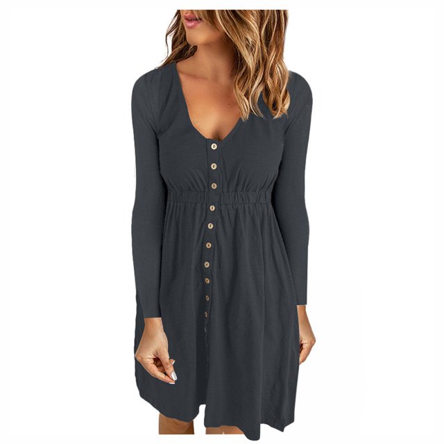 LLYwey Deals Robes d'Automne Femmes Décontractées Col en U Boutons Manches Longues Robe Taille Nouvelle Robes de Soirée Gris Foncé m