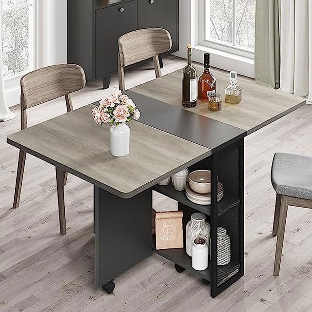 Folding Dining Table with Wheels and 2 Storage Racks Space Saving Dining Table Folding Kitchen Table for Small Apartments