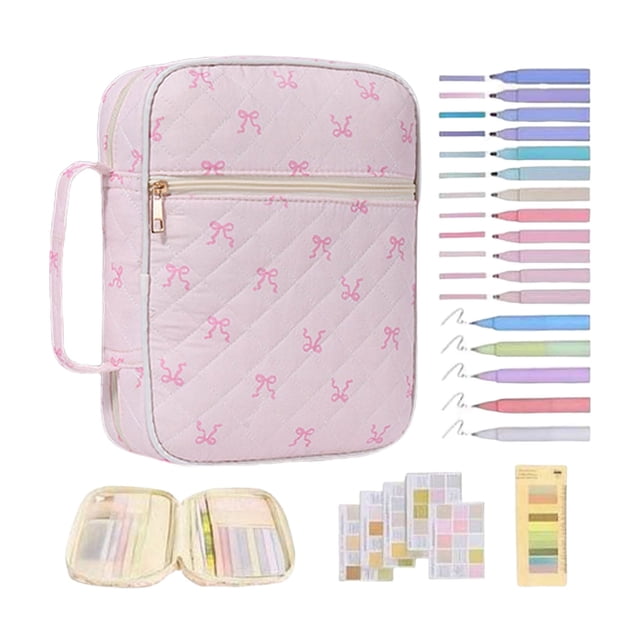 Travel Study Journal Holder with Quilted Design and Highlighter Tab Carrying - Large Book Cover with Handles and Zipper