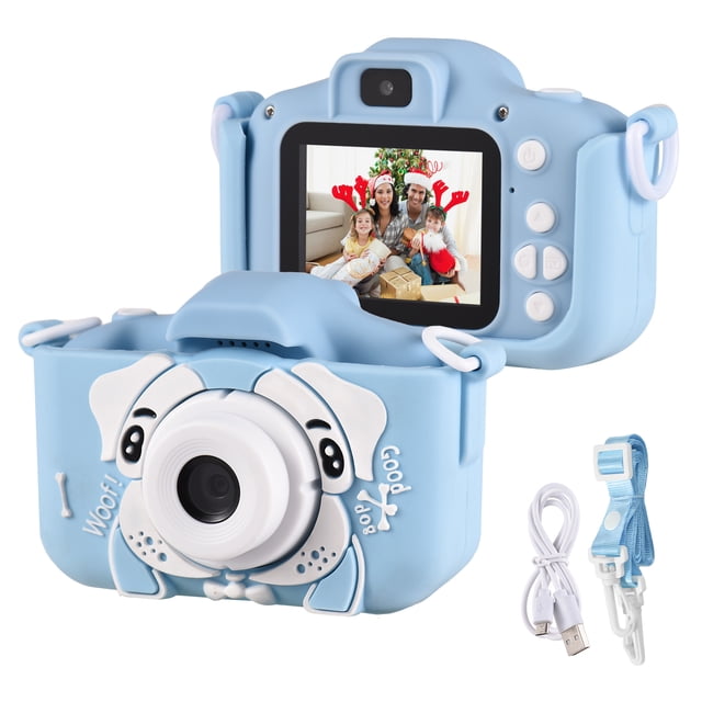 Mini Cartoon Kids Digital Camera 1080P with dual lenses and a 2.0-inch IPS screen, shown in a blue silicone dog-themed cover. The camera features simple controls, built-in games, and a rechargeable battery. Accessories include a USB charging cable and a neck strap.