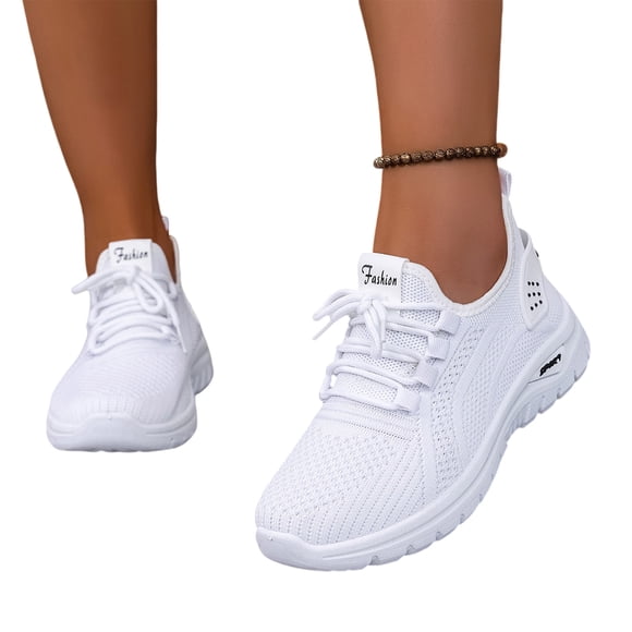 HTHLVMD Knit Mesh Slip-On Sneakers, Lightweight Breathable Casual Shoes, Women's Sports Shoes, Lightweight Lace Up Low Top Running & Tennis Sneakers, Breathable Gym Trainers for Holiday, White 8