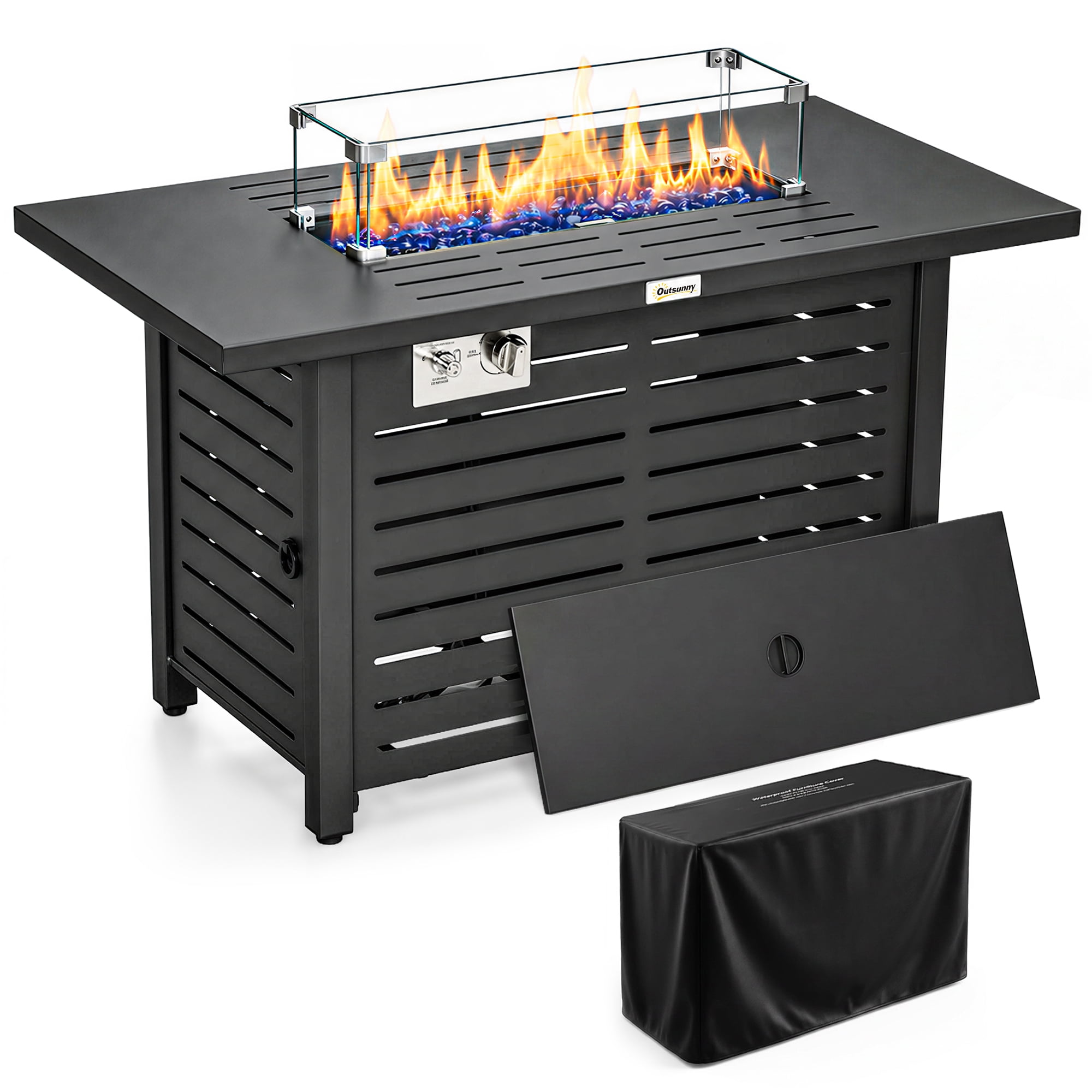 Outsunny Table de Foyer au Propane avec Housse de Pluie 50 000 BTU Foyer Extérieur
