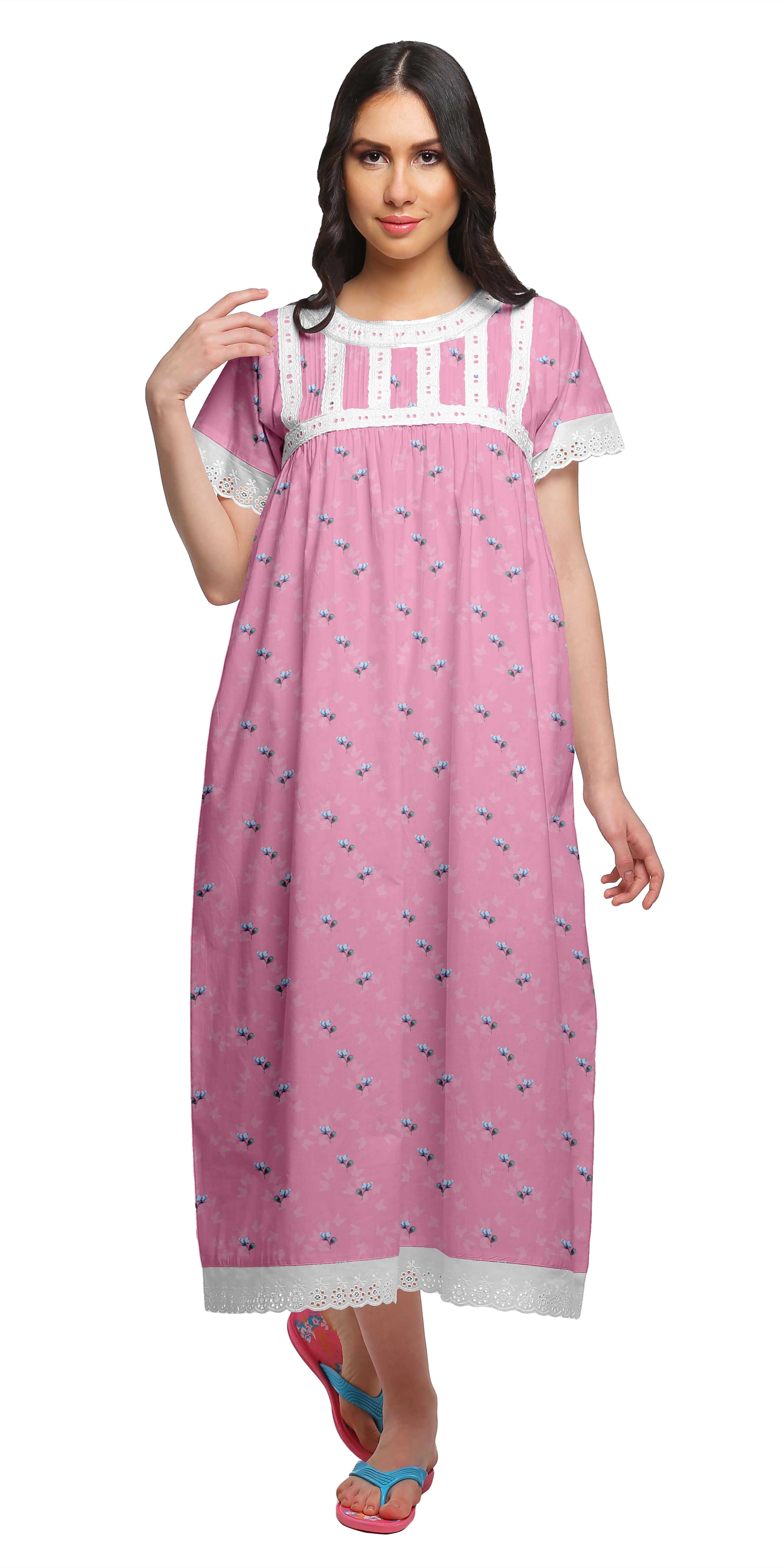 Moomaya Chemise de Nuit Maxi à Manches Courtes Imprimée, Boutonnée, en Coton, Tenue de Sommeil