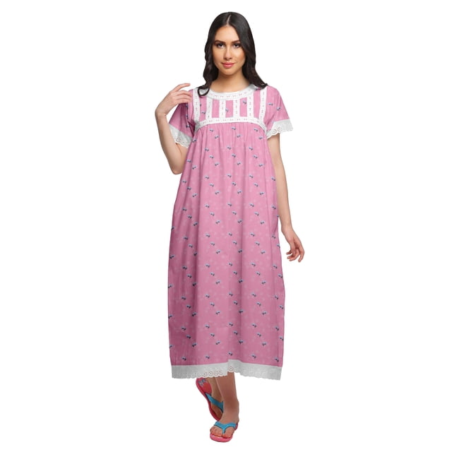 Moomaya Chemise de Nuit Maxi Boutonnée à Manches Courtes Imprimée pour Femmes en Coton