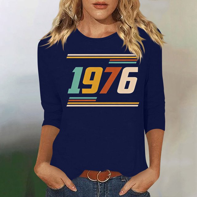 Uootdi Hauts pour Femmes Manches 3/4 Col Ras du Cou Imprimé Palmier Coucher de Soleil 1976 Coupe Décontractée T-Shirts Rétro Plage Vacances Cadeau