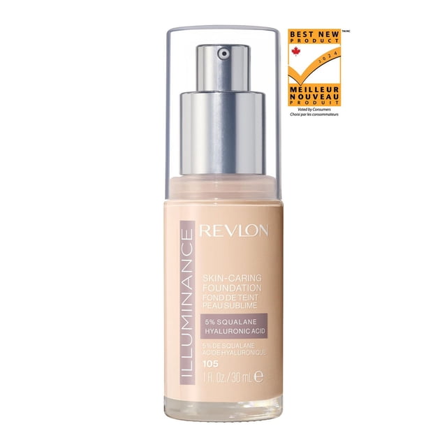 Revlon Illuminance Skin-Caring Liquid Foundation Makeup, Medium Coverage, 30mL pump bottle in shade 105 with 5% squalane and hyaluronic acid for hydration and natural radiance, recognized as Best New Product in Canada 2024.