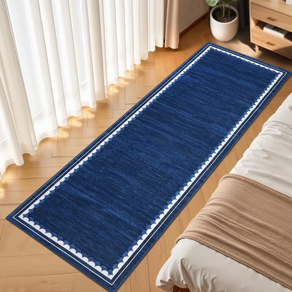 Nanan 8'x10' Modern Washable Rug, Scalloped Border Non-Slip Low-Pile Area Rug, Stain Resistant, Soft Indoor Carpet for Living Room Bedroom Dining Room, Blue