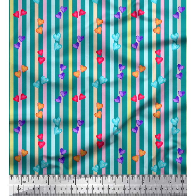 Soimoi Green Poly Georgette Fabric Heart Stripe Print Fabric by the Yard 52 Inch Wide