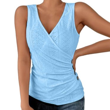 JFHHQ T-Shirt Basique Uni à Col en V Ajusté à Manches Courtes pour Femme pour Tenue Décontractée m Bleu