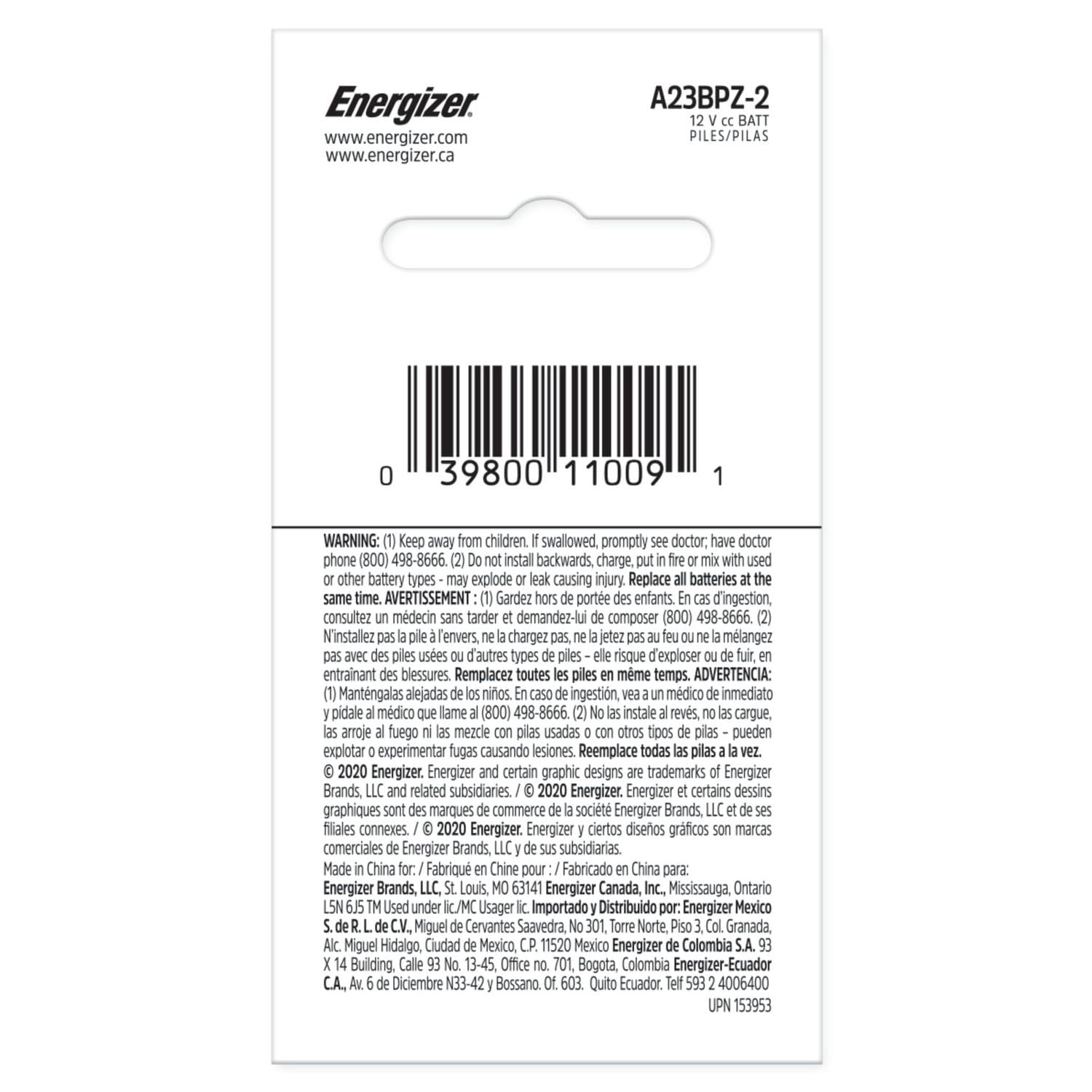 Piles Energizer A23, emballage de 2