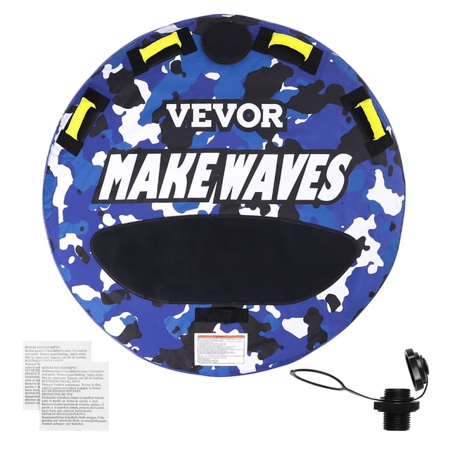 VEVOR Tube Remorquable pour la Navigation, Conçu pour 1 à 2 Cyclistes avec une Capacité de Charge Maximale de 340 Lb. Ce Tube pour Bateau Gonflable Mesure 51,8 Pouces de Diamètre et Présente un design camouflage Bleu Vif avec Image de Marque « Make Waves ». Il Comprend 4 Poignées de Préhension Coussinées en EVA, une surface Rembourrée pour le Confort et un point de traction avant pour un Remorquage Sécurisé. Fabriqué avec du nylon 420D durable et un PVC de 0,6 mm, Il Résiste aux Perforations et aux Dommages UV