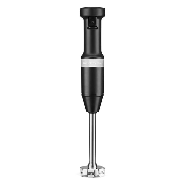 KitchenAid® Variable Speed Corded Hand Blender in matte black with an 8-inch removable stainless steel blending arm and 4-point blade, featuring a variable speed trigger switch and patented pan guard, shown front-facing on a white background, suitable for blending smoothies, soups, and sauces.