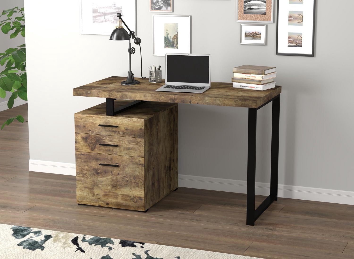 Safdie & Co. Computer Desk 47.25L Brown Reclaimed Wood 3 Drawers Black Metal