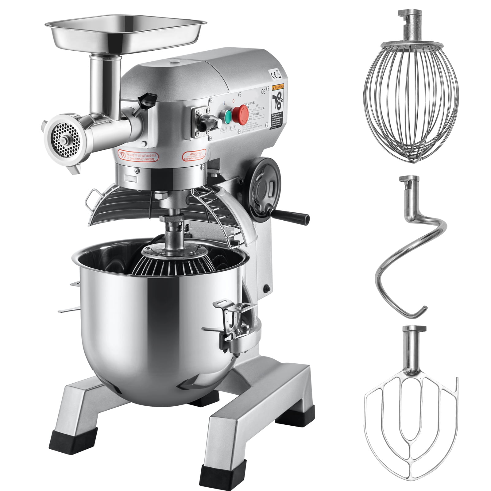 KFFKFF Professional Mixer, 20Qt Bowl, 1100W, Dual-Function Electric Kitchen Mixer with Meat Grinder, 3 Speed Settings, Includes Dough Hook, Whisk, Beater, Ideal for Bakeries and Pizza Shops