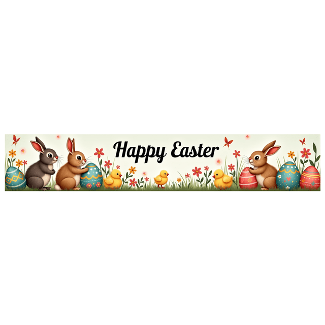 Adorable Bunny Chick Easter Banner with Flowers Eggs Background Party Decorations Photo Props Easter Celebration Spring Festival Home Decor