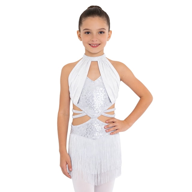 dPois Robe de Danse Latine Rumba Samba à Franges pour Filles, Taille Découpée, Paillettes, Tenue de Danse de Salon, Justaucorps à Jupe de Ballet, Blanc 6