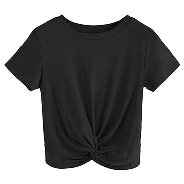 Women's Summer Crop Top Solid Short Sleeve Twist Front Tee T-Shirt,Black,S
