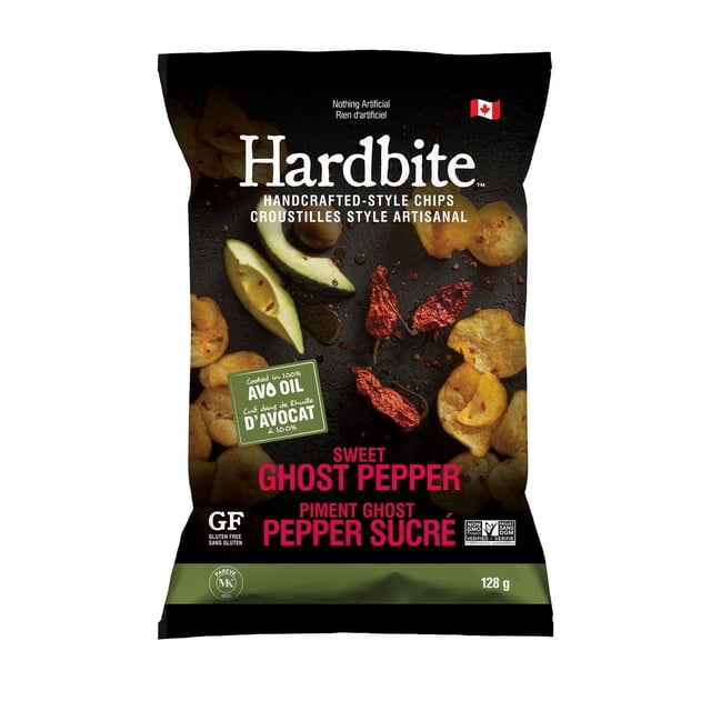 Hardbite Sweet Ghost Pepper Kettle Cooked Avocado Oil Potato Chips bag with black background featuring avocado slices, dried ghost peppers, and kettle cooked potato chips, gluten free and made with natural ingredients, 128 g package suitable for snacking.
