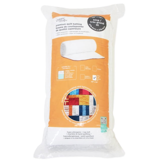Premium Quilt Batting king size in clear plastic packaging with orange and white label, displaying rolled white 100% polyester batting, ideal for quilting projects including decorative and lightweight quilts, hypoallergenic with low loft for machine and hand quilting, measuring 110 by 110 inches (279.4 cm), featuring a colorful quilt pattern on the label.