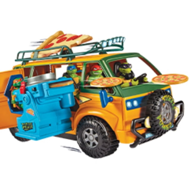 Teenage Mutant Ninja Turtles: Mutant Mayhem Pizza Fire Delivery Van toy in orange and green with rugged tires, roof rack holding a large pizza slice, and blue motorized pizza launcher firing two pizza pies. The van opens front and back with four Ninja Turtles and Splinter inside, featuring adjustable launcher for action play.