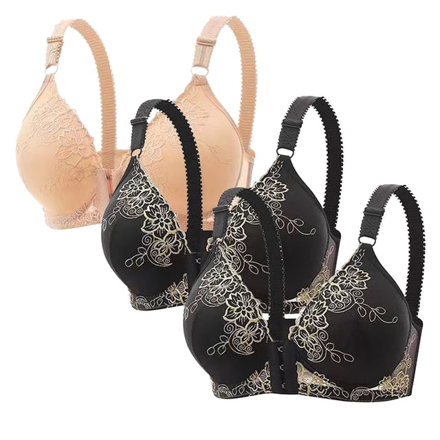 fheaev 3Pc Front Close Bras for Women Plus Size Wirefree Support Posture No Underwire Full Coverage Bra Adjustable Shoulder Strap Comfort Push Up Lace Breathable Front Buckle Open Everyday Bras