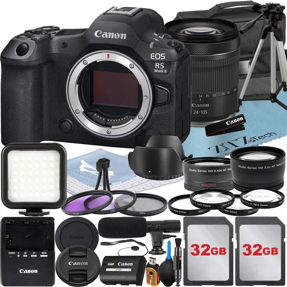 Canon EOS R5 Mark II Mirrorless Camera with RF 24-105mm Lens + 2 Pack 32GB Memory Card + Wideangle + Case + ZeeTech Accessory Bundle