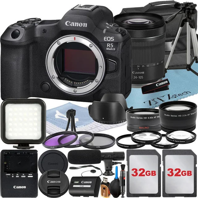 Canon EOS R5 Mark II Appareil Photo Sans Miroir avec Objectif RF 24-105mm + Lot de 2 Cartes Mémoire 32 Go + Grand-Angle + Étui + Ensemble d'Accessoires ZeeTech