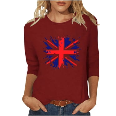 LMKIHUSA American Flag Shirts for Women 4th of July 3/4 Length Sleeve Crew Neck Pullover Blouses Usa Flag Print Tees Casual Dressy Summer 2025 Vacation Tunic Tops Wine,XL