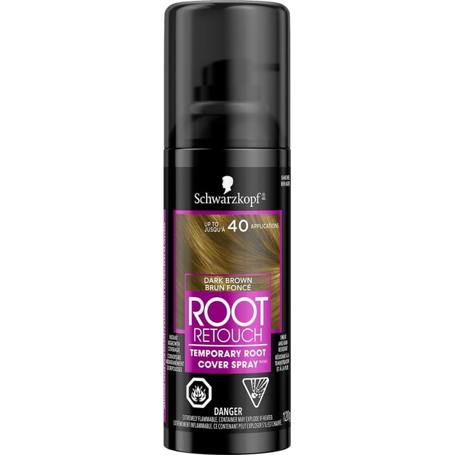 Schwarzkopf Root Retouch Temporary Root Cover Spray in Dark Brown, 120g black spray can with label showing dark brown hair strands, providing up to 40 applications of instant regrowth coverage, temporary color that washes out after one shampoo, and sweat and rain resistance.