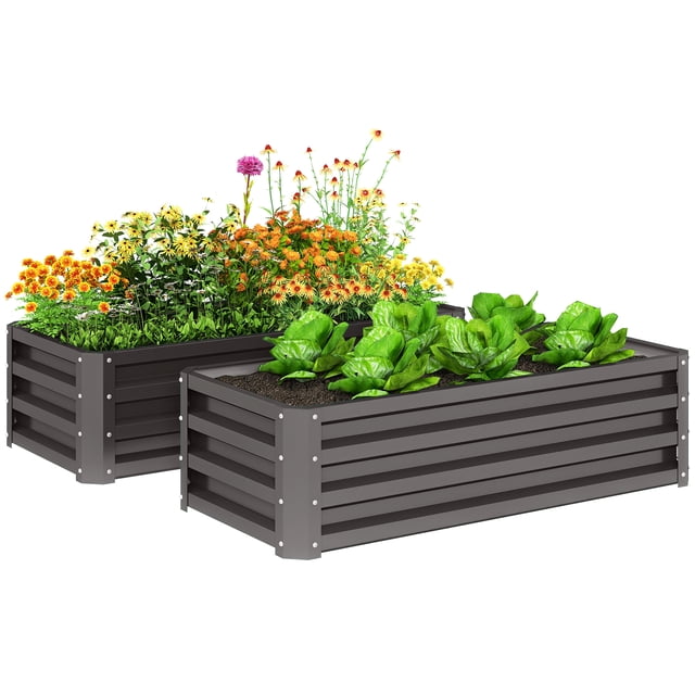 Outsunny Raised Garden Beds Set of 2, dark grey galvanized steel planter boxes with an open-bottom design for direct soil contact and optimal plant growth. Each box measures 43.3 inches long, 19.7 inches wide, and 11.8 inches high, perfect for outdoor gardening. Often used for growing vegetables, flowers, or herbs, these durable beds blend seamlessly into natural surroundings.