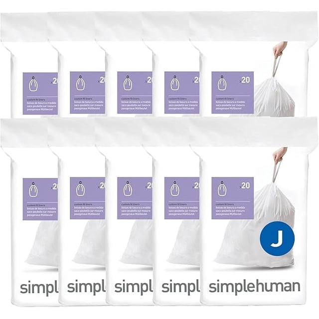 Simplehuman Code J Custom Fit Drawstring Trash Bags, 200 Count, 30-45 Liter / 8-12 Gallon, White. The image displays several packs of white trash bags with purple labels, each pack containing 20 bags. These custom-fit liners are tailored to prevent overhang and slipping, featuring extra-thick plastic and double-seam construction to resist rips and tears. Quick-dispense packs ensure hassle-free, one-by-one access.