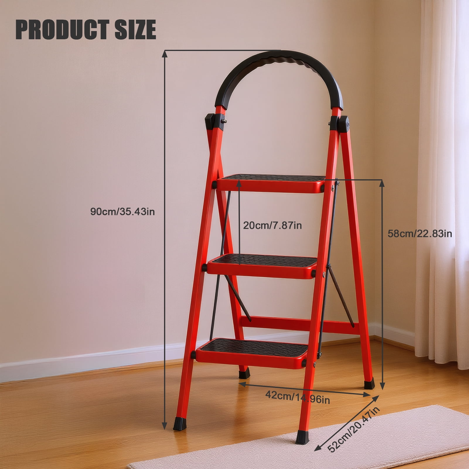 Trayknick Step Ladder, 3 Step Ladder Folding Step Stool, Multi-Purpose Collapsible Ladder for Home or RV Outdoor Work, Heavy Duty 330 lbs Load (White, Red),Red