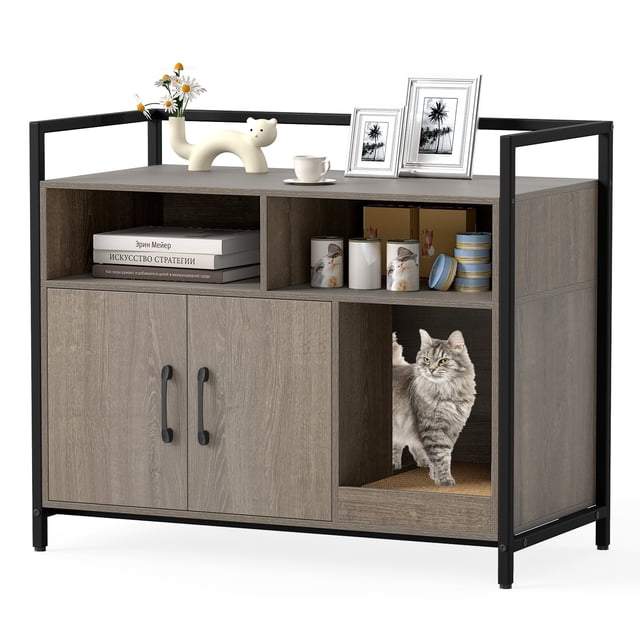 Gymax Cat Litter Box Enclosure with storage compartments and removable scratching board in gray. This hidden cat washroom features a winding entrance for easy access, a spacious countertop, two storage compartments, and a double-door cabinet for organizing pet supplies or decorations. Includes a removable scratcher to capture stray litter and three ventilation holes to reduce odors. Made of engineered board, MDF, and metal with a rustic wood-like texture. Ideal for minimizing litter tracking and odors while providing functional pet furniture. Dimensions: 35'' x 18'' x 29'' (L x W x H).