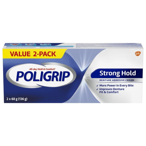 Poligrip Strong Hold Denture Adhesive Cream, Zinc Free, 2x68g tubes