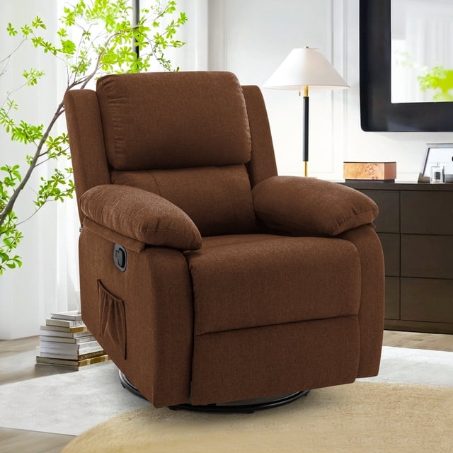 YSICK Petit Fauteuil Inclinable Pivotant à Bascule pour Petits Espaces en Tissu de Lin Brun, Montré dans un Décor de Salon Chaleureux. Ce Fauteuil Présente un Pivotement à 360°, un Mouvement de Bascule à 30°, et une Inclinaison Réglable de 105° à 165+. Conçu avec un Tissu de Lin Respirant, des Coussins en Éponge à Haute Densité et des Poches Latérales pour le Rangement, Il Supporte jusqu'à 300 Lb. Idéal pour Salons, Chambres, Pouponnières et Plus.