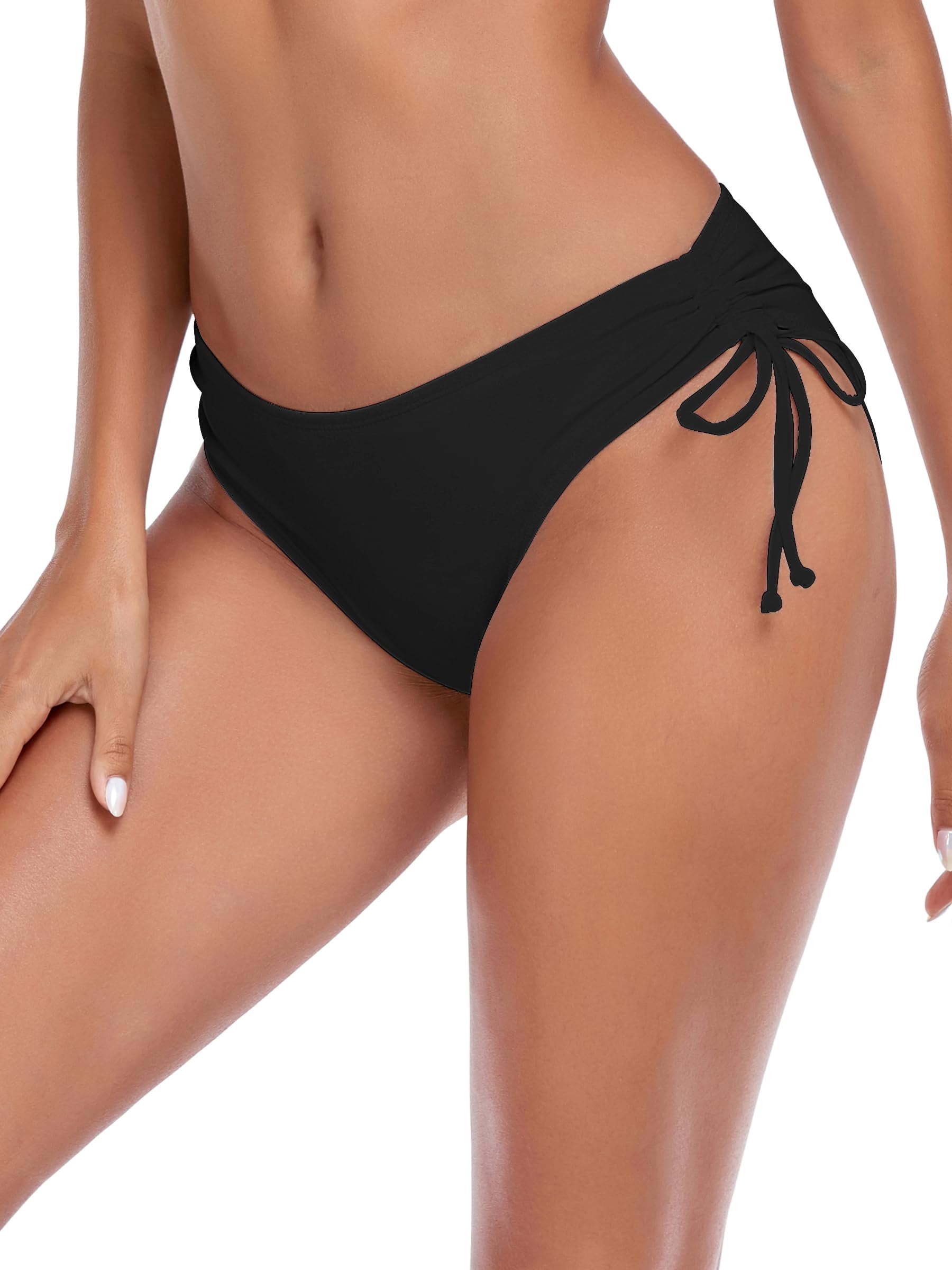 Ocean Blues Women's Full Coverage Swim Bottoms Sides Drawstring Mid Rise Bikini Bottom Black Bathing Suit Size M