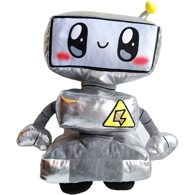 GFDYREE LED LankyBot Plush Toy Foxy Lanky Boxy Plush LED Cyborg Plush Toys, a 35cm robot-themed stuffed animal made of high-quality plush material with ultra-soft fleece and PP cotton filling. Features a metallic silver design with a smiling face, red cheeks, and a yellow lightning bolt emblem on its chest. Perfect for kids ages 3 and up, suitable for bedrooms, living rooms, offices, or cribs.