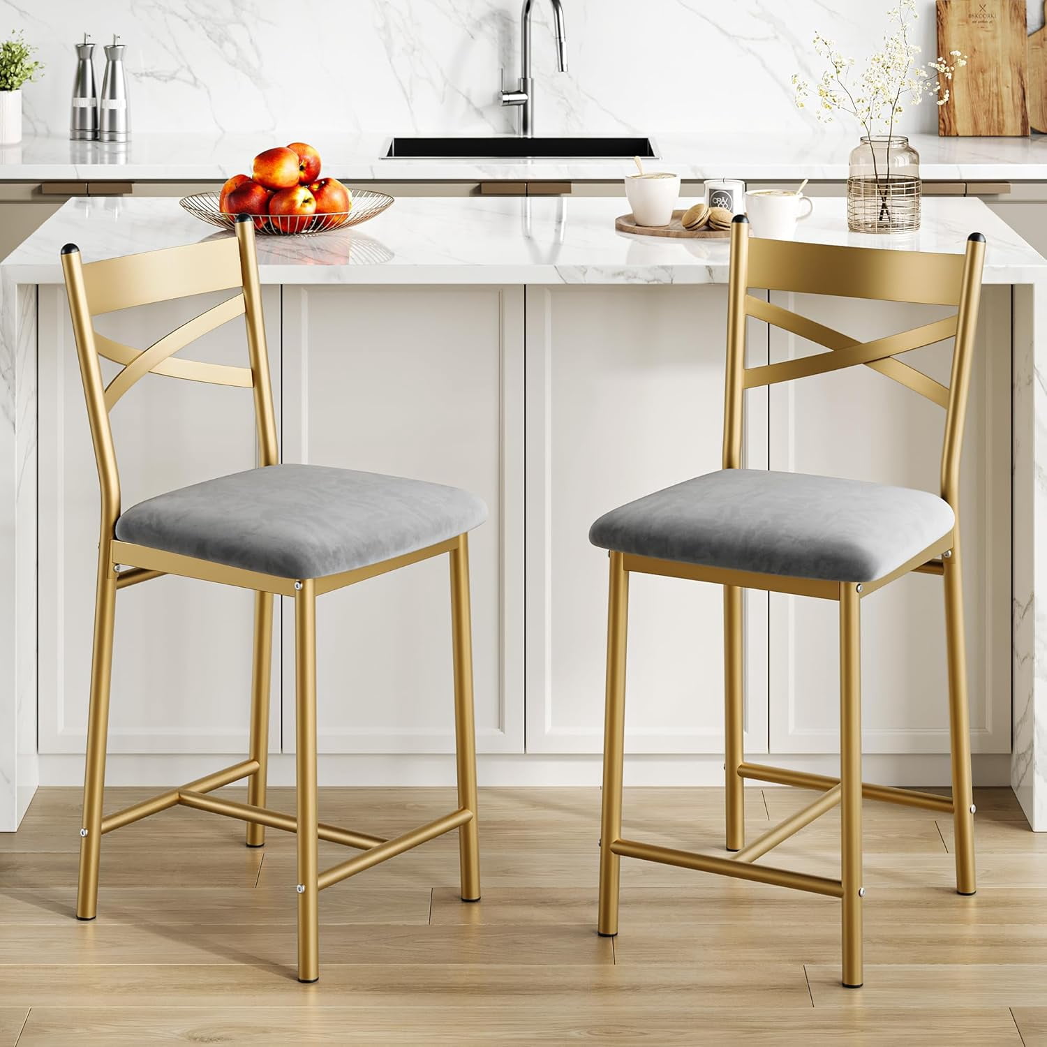 Bar Stools Set of 2, Upholstered Bar Chairs with Back, Thick Cushion, Counter Height Barstools for Kitchen Island Apartment Counter Bar (2)