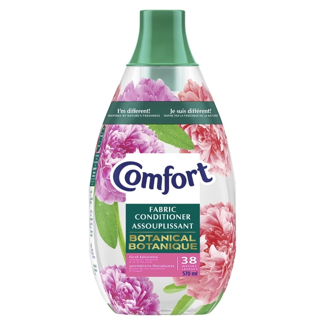 Comfort Revitalisant pour Tissu Premières Fleurs 38W 570ml Étiquette de Produit Orientée vers l'Avant Confort Botanique Premières Fleurs; Formule Transparente CrystalFresh Enrichie d'Huiles Essentielles, notes Parfumées de Pétales de rose, de Bergamote et de Muguet, les Directives de Dosage Indiquent un Demi-cap (15 ml) et un Cap Complet (32 ml), Convient aux Vêtements de Sport, jeans et Serviettes, Souvent Utilisé pour Rafraîchir les Tiroirs en Lin.