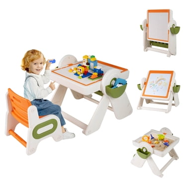 Costway 6-in-1 Multi-activity Children Table & Chair Set with Pen Slot, Storage Baskets Orange