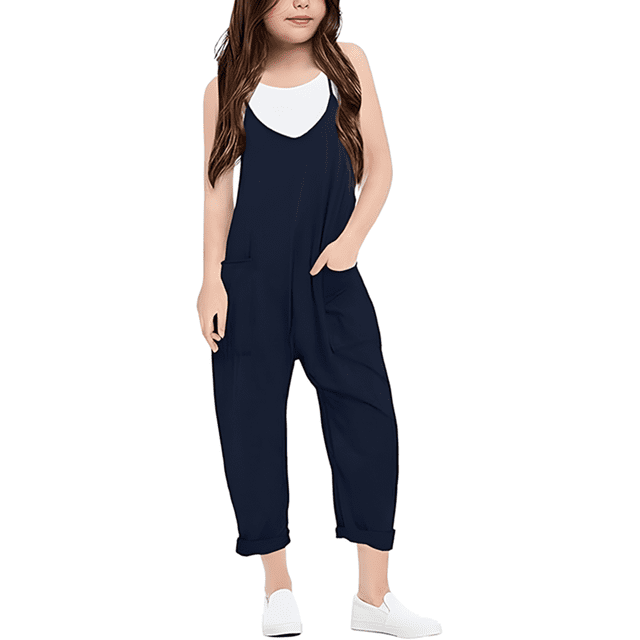 Girls Romper Sleeveless Summer Rompers for Girls Loose Casual Rompers with Pockets Cute Clothes for Girls 4-5 Y