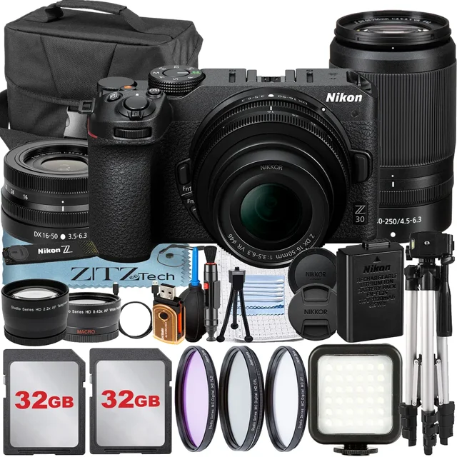 Nikon Z30 Mirrorless Camera with NIKKOR 16-50mm + DX 50-250mm Zoom Lens + 2 Pack 32GB Card + Case + Wideangle + Tripod + ZeeTech Accessory Bundle