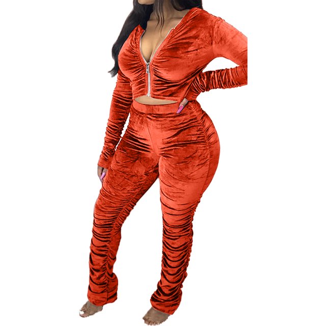 Honganda Slim Pleated Zipper Hooded Top and Pants Two-piece Suit