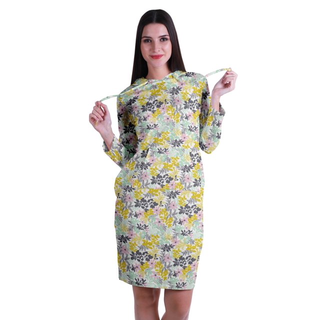 Moomaya Chandail à Capuchon à Manches Longues Imprimé, Robe T-Shirt en Jersey avec Poches