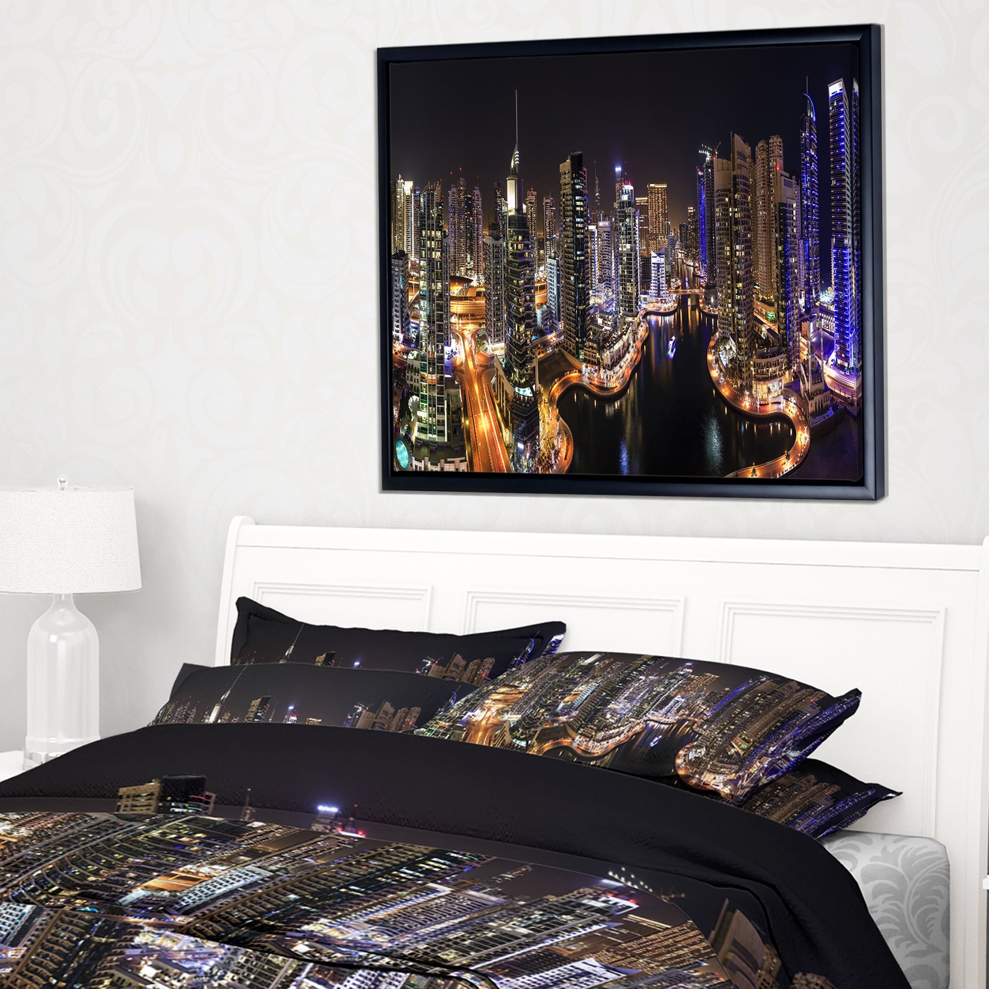 Design Art Dubai Marina View Dans La Nuit Sur Toile Encadrée