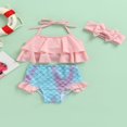 thumbnail image 2 of Toddler Girls 3Pcs Bikini Set  Solid Color Ruffle Halter Tops + Mermaid Bottom + Headband Set, 2 of 7