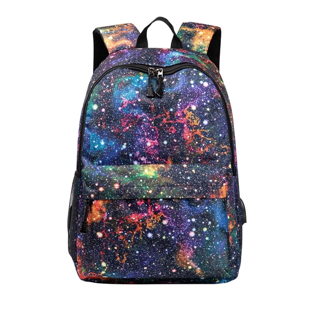 Usmixi Children Backpack Cute Fashion All-Match Backpack Student School Bag with a vibrant galaxy print. This kids backpack is made of durable Oxford cloth, featuring padded shoulder straps, an air-cushioned breathable back panel, and a chest strap for comfort and support. Side pockets store water bottles or umbrellas, and reinforced strap connections ensure strong load-bearing capacity. Ideal for preschool, kindergarten, or casual play days.