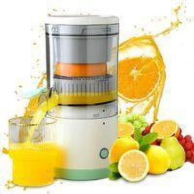 Portable Mighty Juicer for Citrus: Multifunctional Electric Press with a compact, lightweight design. Features powerful extraction for citrus fruits, a reverse function for unjamming, and a drip-free nozzle for mess-free juicing. Includes detachable parts for easy cleaning and a cleaning brush. Shown in a white and green finish with fresh citrus fruits in the background.
