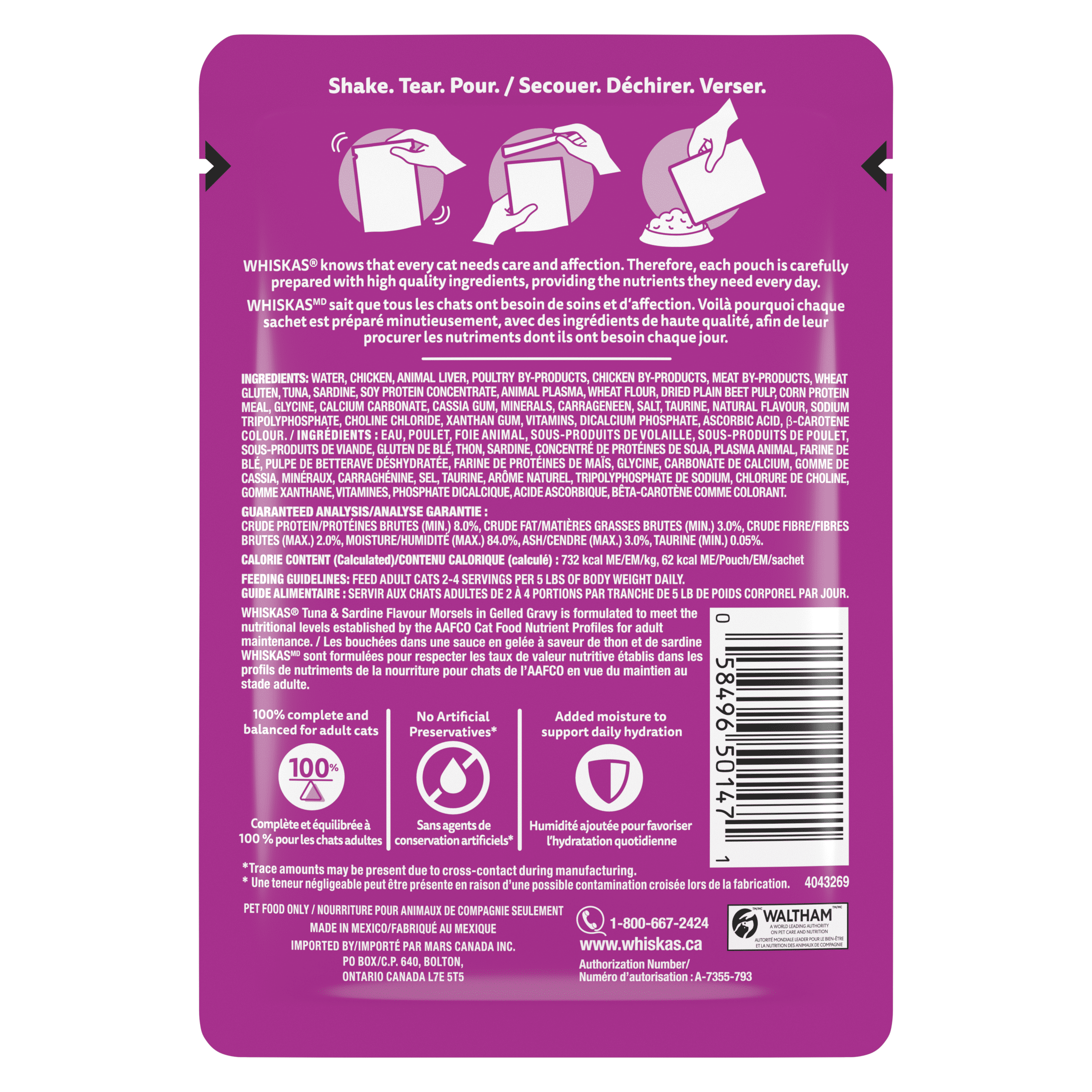 WHISKAS Favourites Adult Wet Cat Food Morsels in Gelled Gravy Tuna & Sardine Flavour 85g Pouch